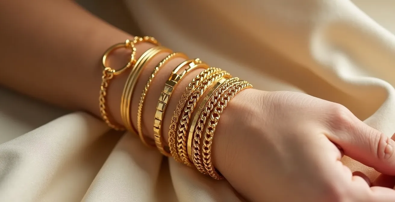 Poignet féminin avec accumulation de 4 bracelets dorés montrant la technique de superposition
