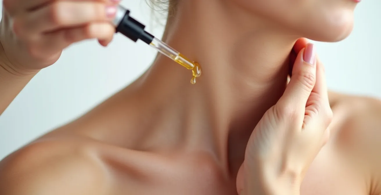 Application de sérum sur le cou avec une technique de massage ascendante pour lutter contre le relâchement cutané.
