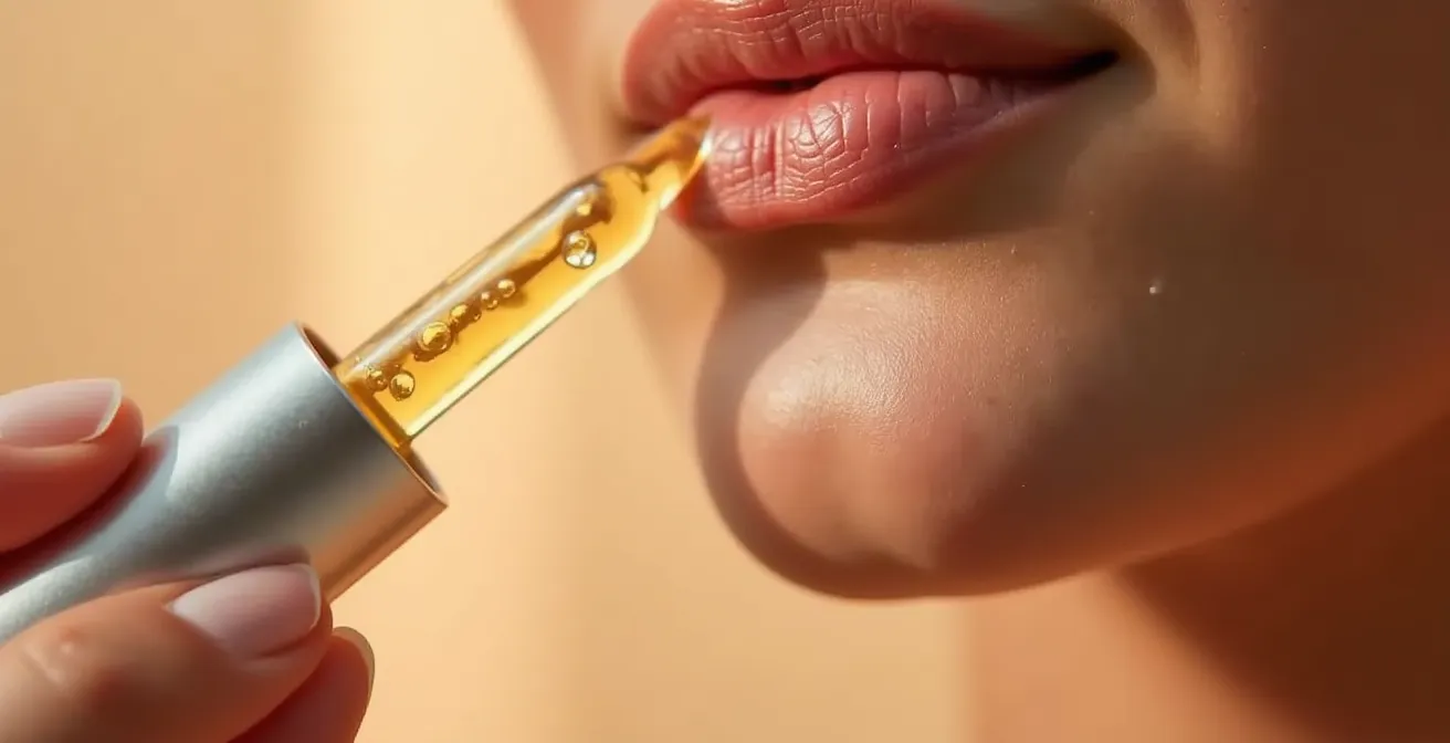 Vue macro de l'application d'un sérum tenseur sur la peau du décolleté montrant la texture