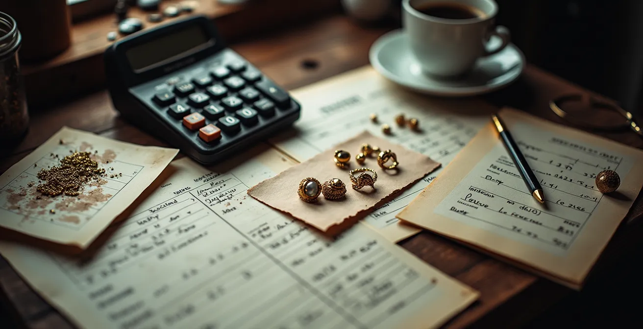 Vue plongeante sur un bureau d'artisan avec calculatrice vintage, factures éparpillées et bijoux en cours, illustrant la réalité économique du métier