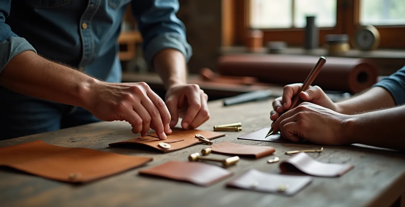 Mains d'artisan et de client examinant ensemble des échantillons de cuir sur une table de travail