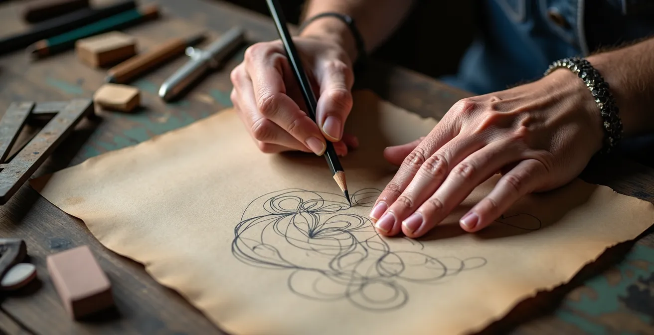 Mains d'artisan esquissant une création de bijou personnalisé sur papier avec outils traditionnels