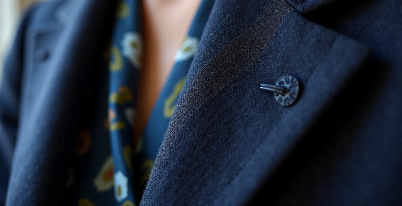 Détail rapproché d'une veste de tailleur classique avec doublure en soie peinte à la main visible