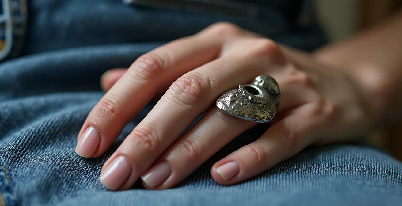 Main portant une bague architecturale imposante sur fond de jean délavé