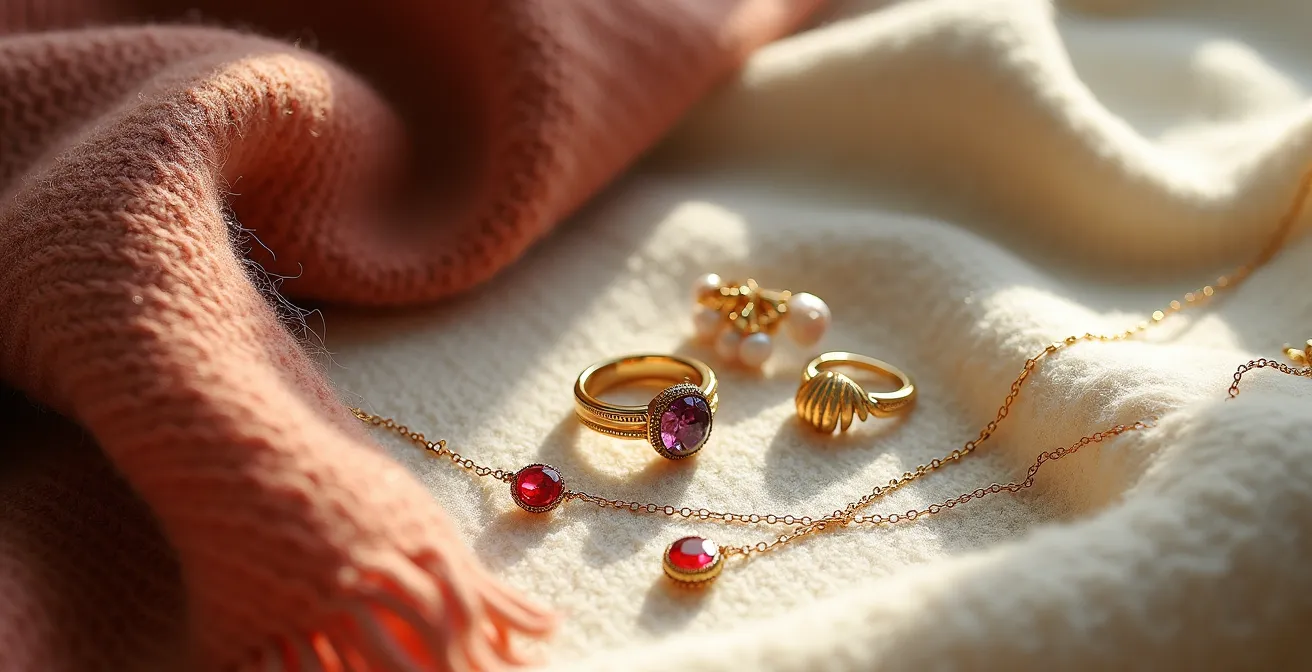 Bijoux dorés estivaux présentés sur fond de matières hivernales douillettes