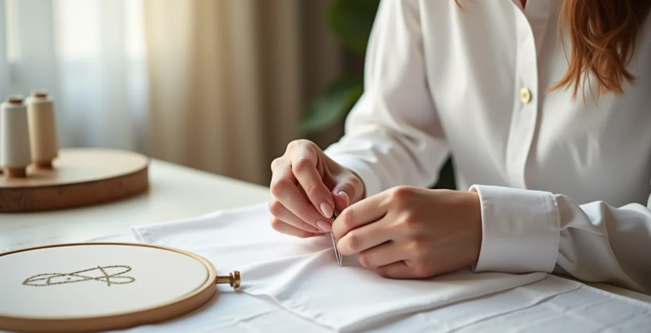 Vue rapprochée d'une chemise blanche avec monogramme brodé ton sur ton au niveau du poignet