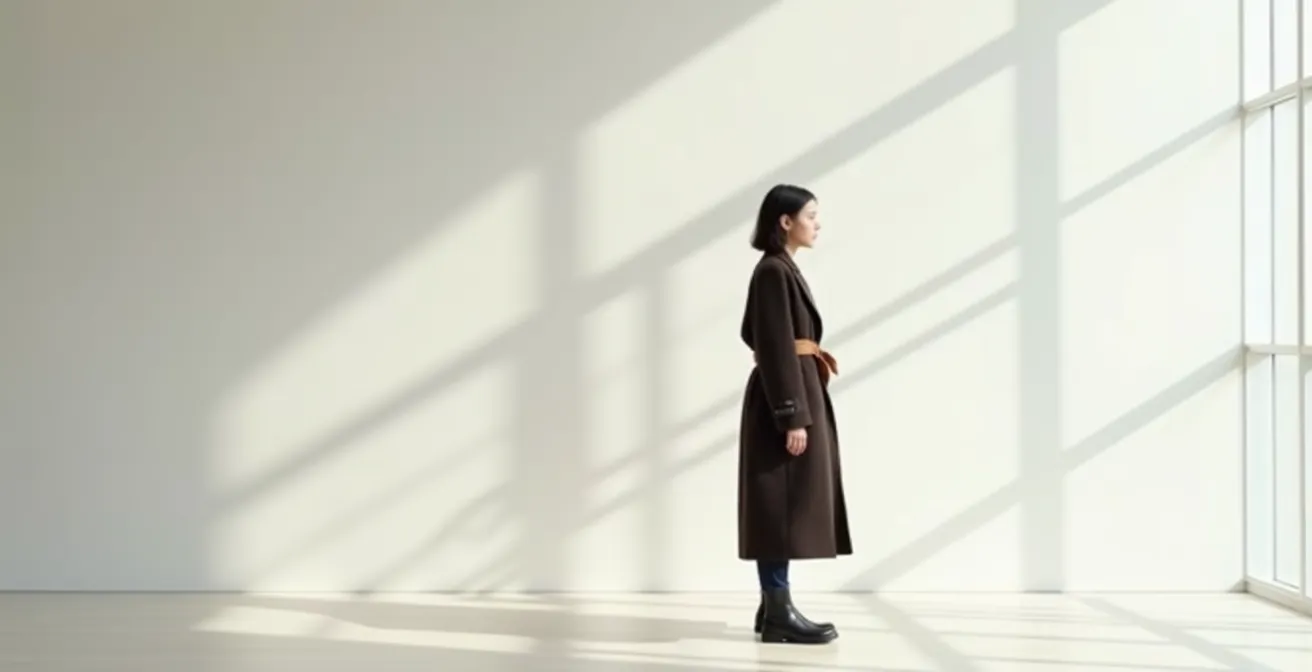 Silhouette féminine avec manteau cintré par ceinture ton sur ton positionnée haute