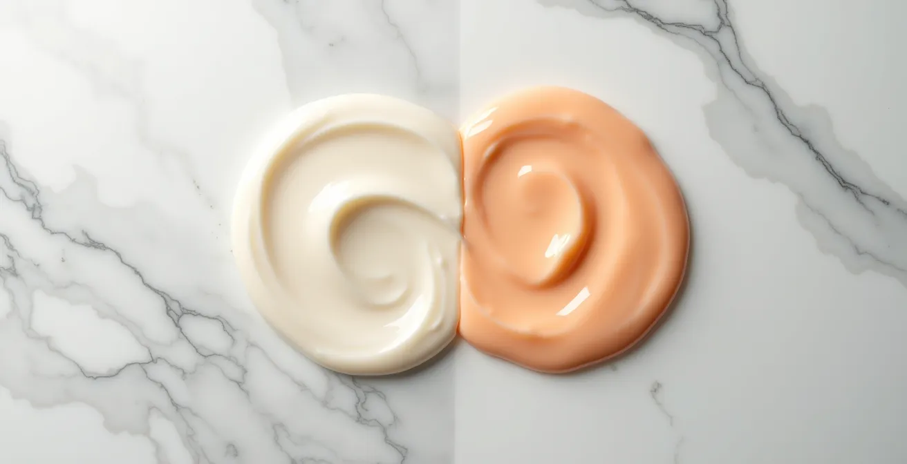 Gros plan sur deux textures de crème différentes posées côte à côte sur une surface marbrée
