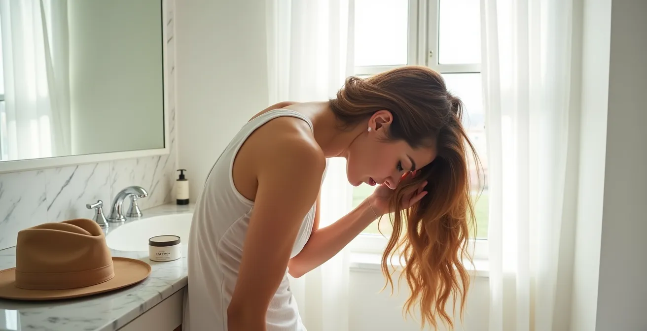 Femme massant ses racines tête en bas pour créer du volume après avoir retiré un chapeau