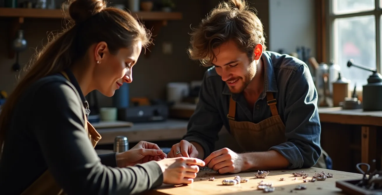 Moment de collaboration entre artisan joaillier et client autour d'un projet de bijou personnalisé