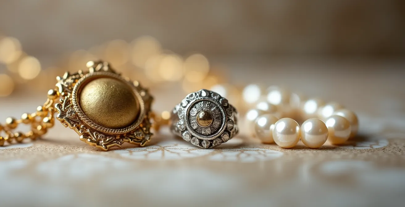 Bijoux vintage et contemporains disposés en progression chronologique sur surface minimaliste