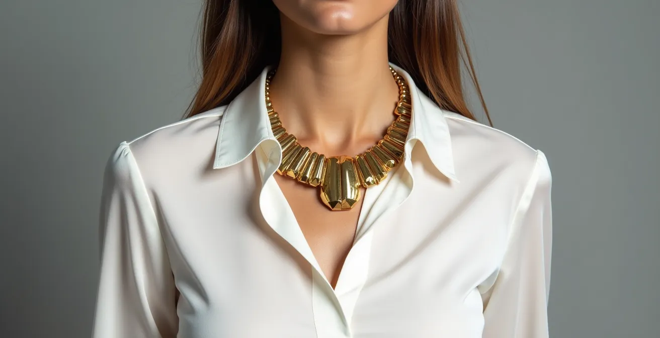 Collier géométrique imposant sur une tenue épurée monochrome