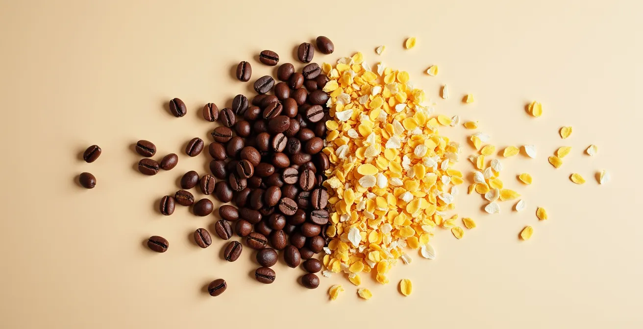 Grains de café et fleurs de bleuet posés côte à côte sur fond neutre