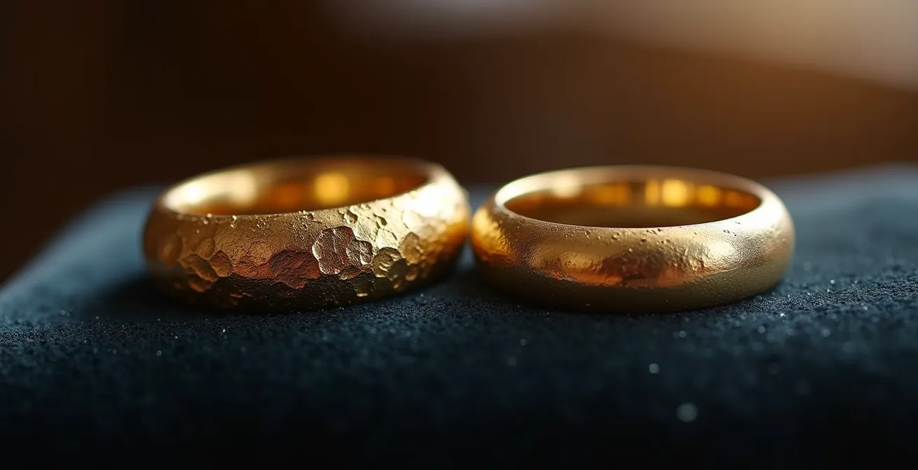 Comparaison macro de la patine sur or 18 carats et 9 carats après plusieurs années de port