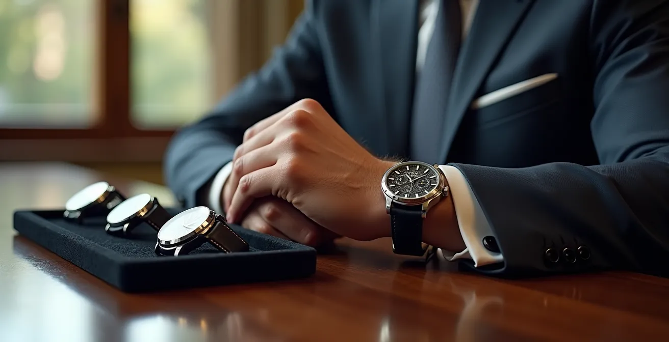 Comparaison visuelle de différentes tailles de cadrans de montres sur un poignet masculin en contexte professionnel