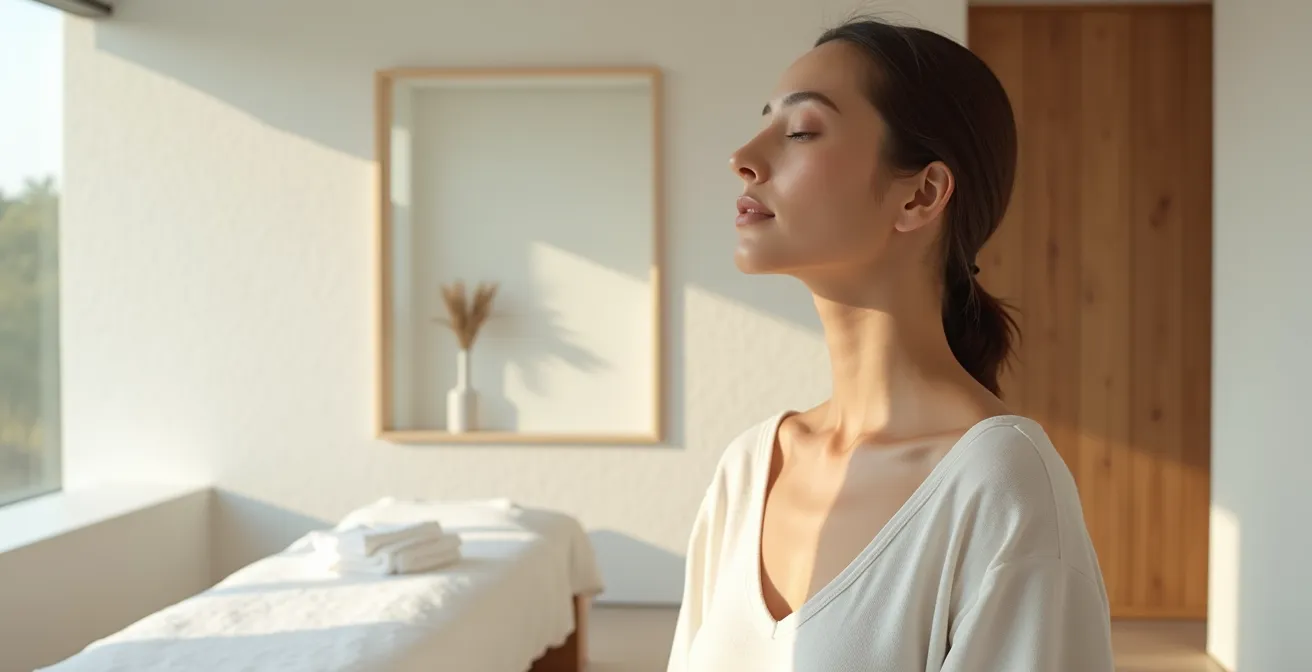 Composition minimaliste montrant la texture de la peau du cou sous différents angles de lumière