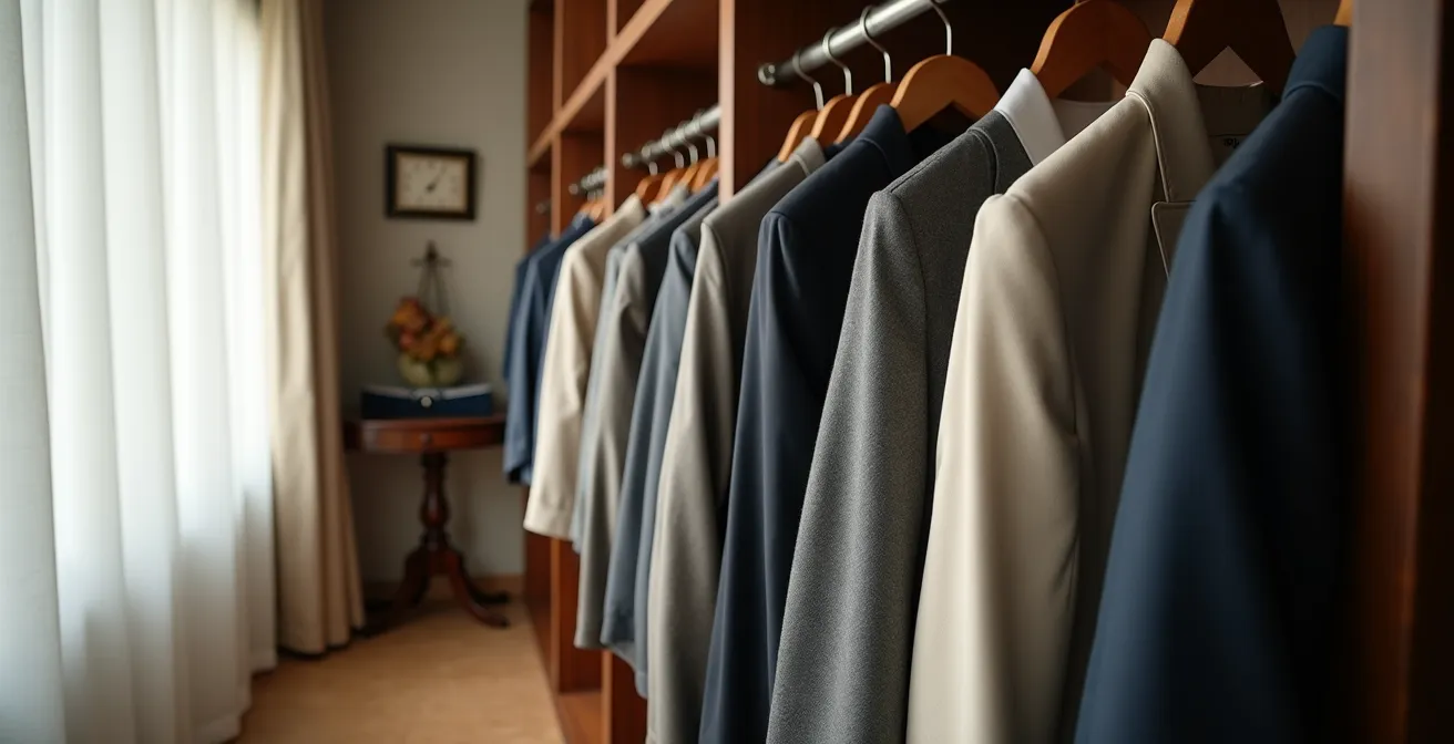 Dressing élégant avec costumes sur cintres en bois de cèdre et système de rangement professionnel