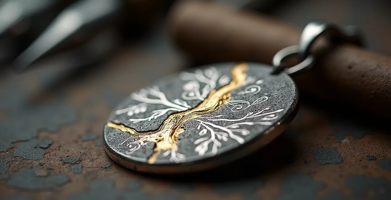 Médaillon montrant une correction créative d'erreur de gravure avec technique inspirée du kintsugi