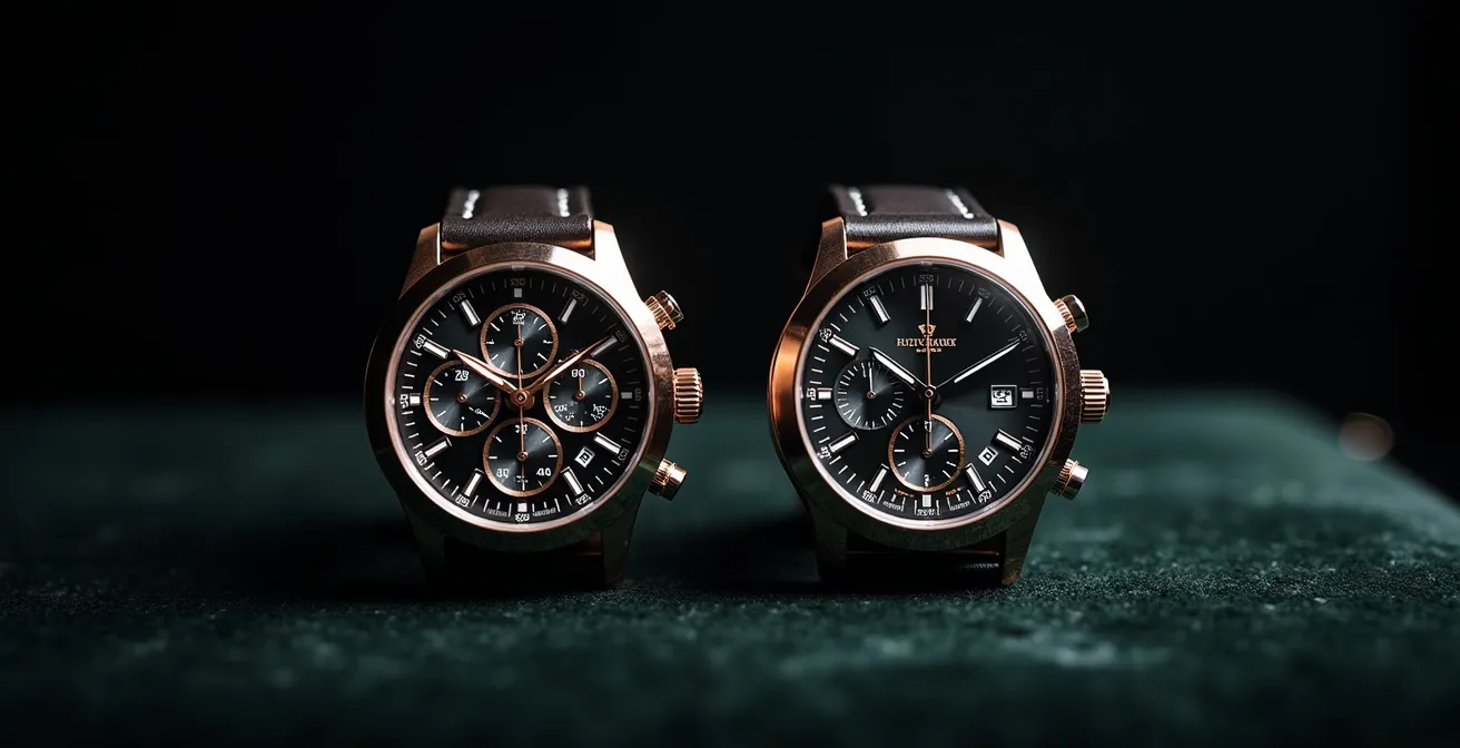 Comparaison visuelle entre un cadran de chronographe avec ses sous-compteurs et un cadran de chronomètre épuré