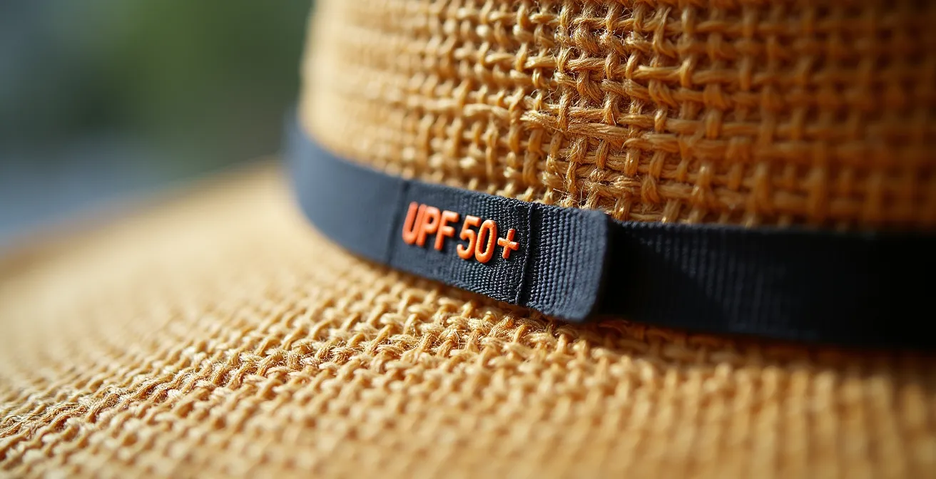 Gros plan sur une étiquette de certification UPF 50+ cousue sur un chapeau anti-UV