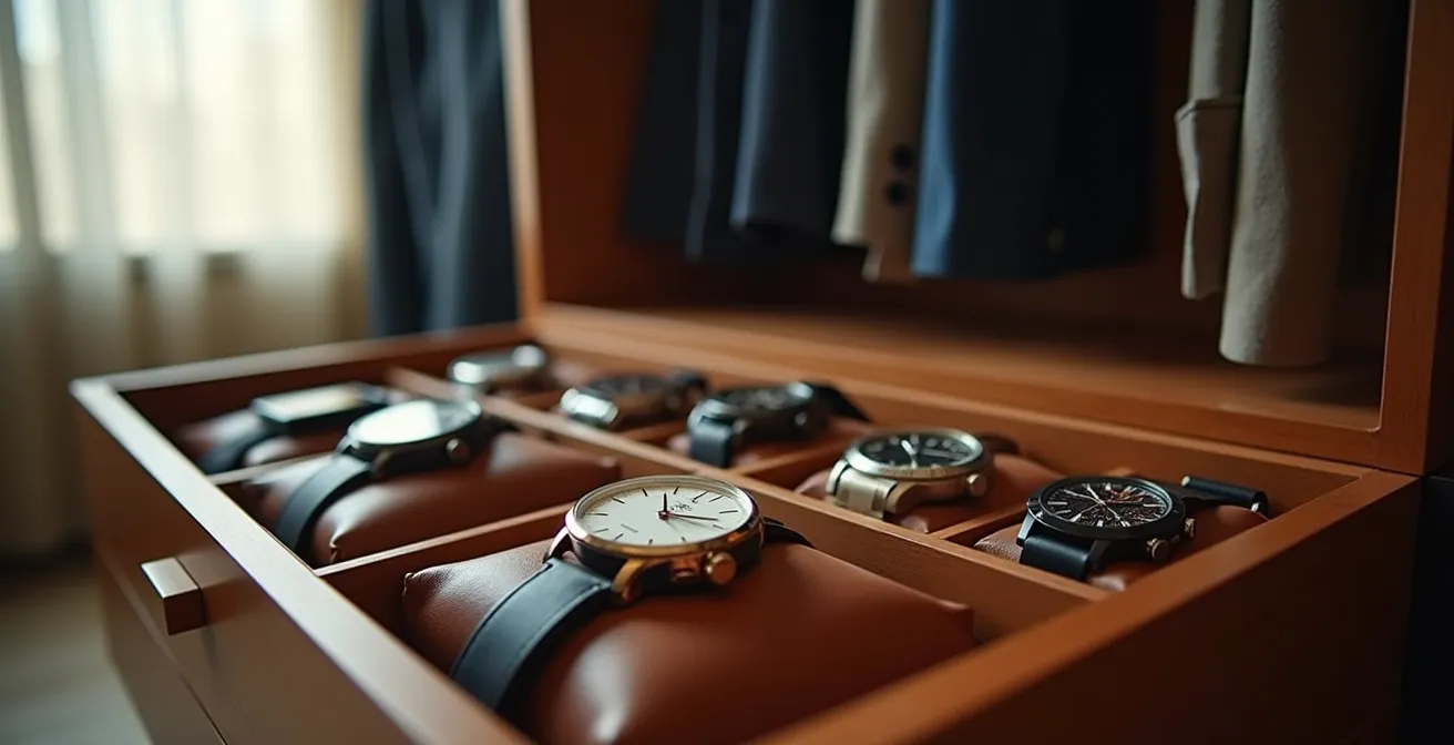 Collection de montres variées disposées élégamment illustrant le concept de garde-robe horlogère