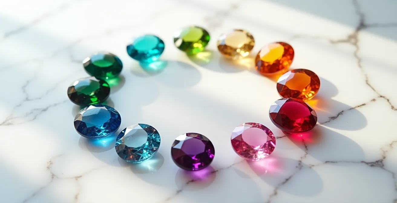 Arrangement circulaire de pierres précieuses formant un cercle chromatique harmonieux