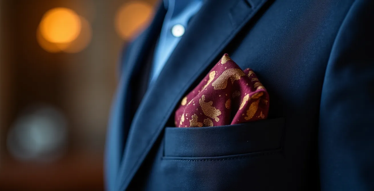 Détail d'un costume avec une pochette de costume artisanale colorée contrastant élégamment avec un blazer marine