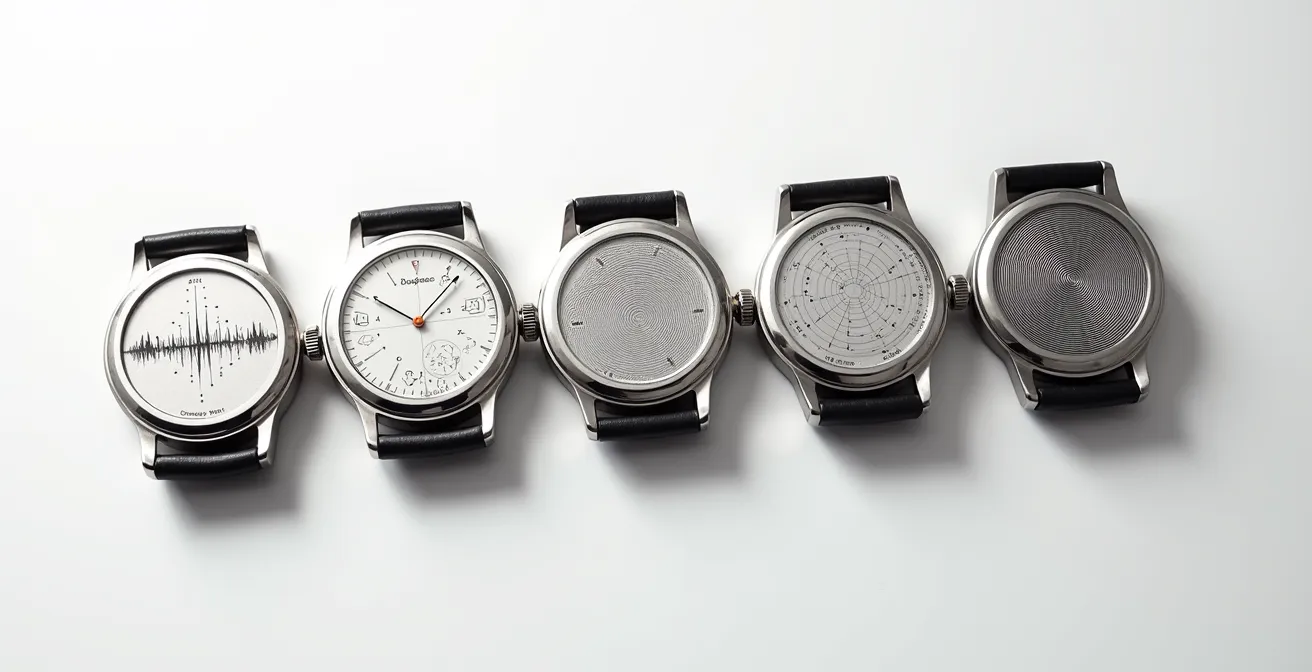 Vue arrière de plusieurs montres avec différents types de gravures créatives incluant coordonnées GPS et spectrogrammes