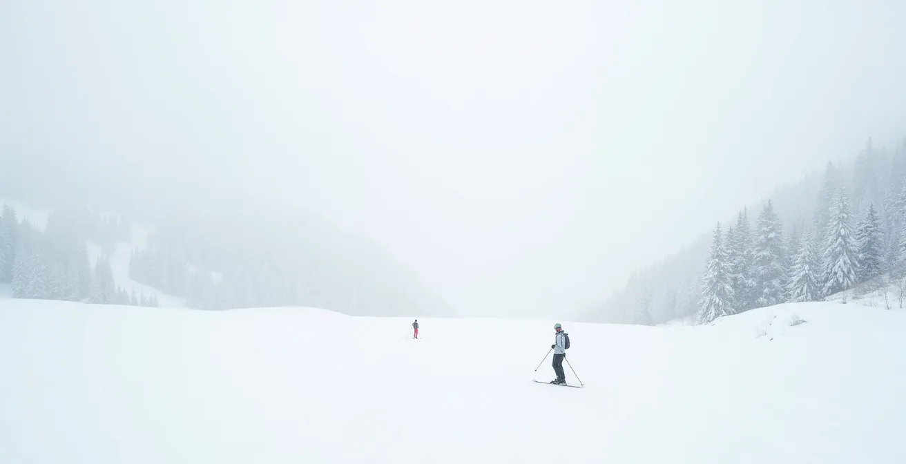 Vue subjective d'un paysage de montagne enneigé par temps nuageux avec visibilité réduite