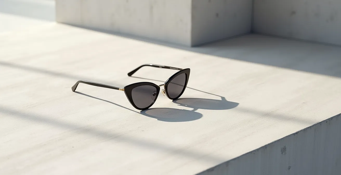 Lunettes yeux de chat élégantes posées sur surface minimaliste avec jeu d'ombres