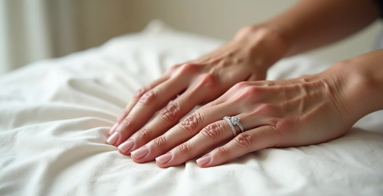 Mains de femme mature avec taches de vieillesse portant une bague en or blanc sur fond lumineux