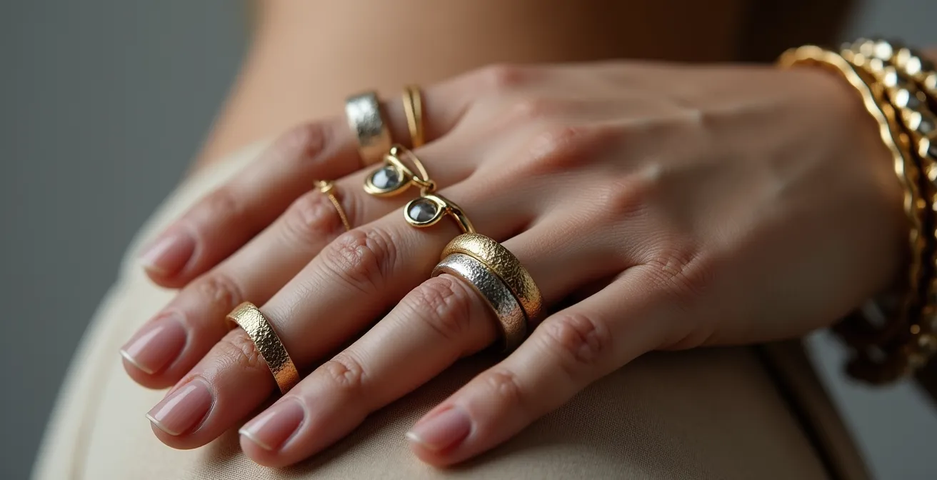 Gros plan sur des mains portant des bagues et bracelets mélangés or et argent avec une pièce bicolore centrale