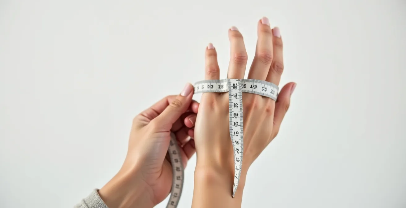 Main féminine mesurant la circonférence au niveau des articulations avec un ruban