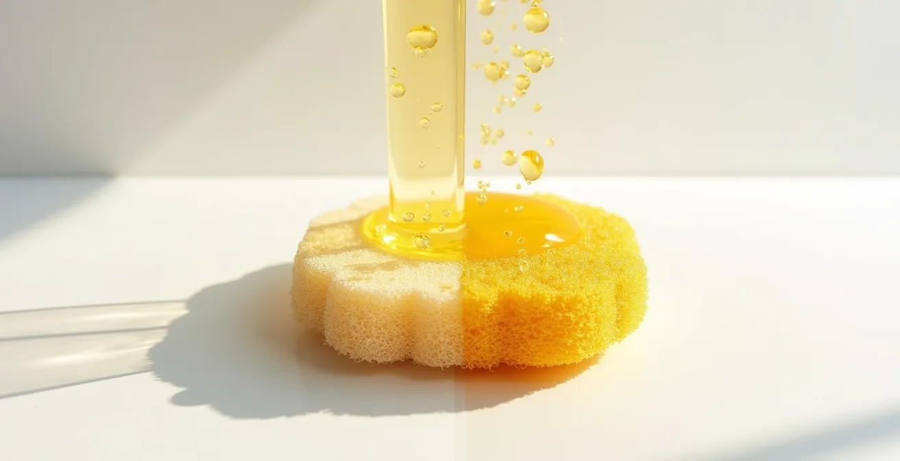 Métaphore visuelle de l'éponge montrant l'absorption différente de l'huile sur surface sèche versus humide