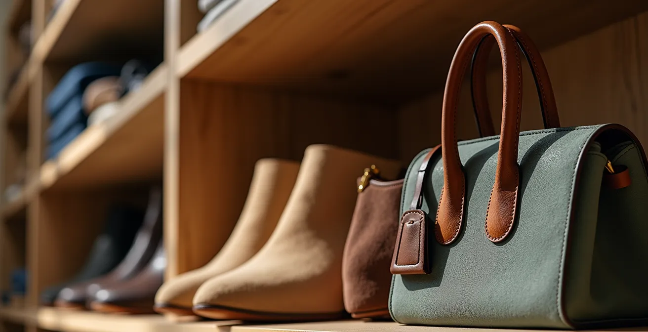 Vue macro de détails d'accessoires organisés par capsules dans un dressing