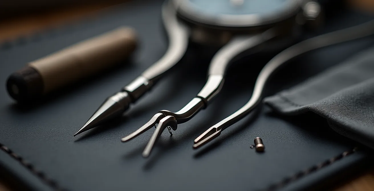 Gros plan sur des outils professionnels de changement de bracelet disposés sur un tapis de travail