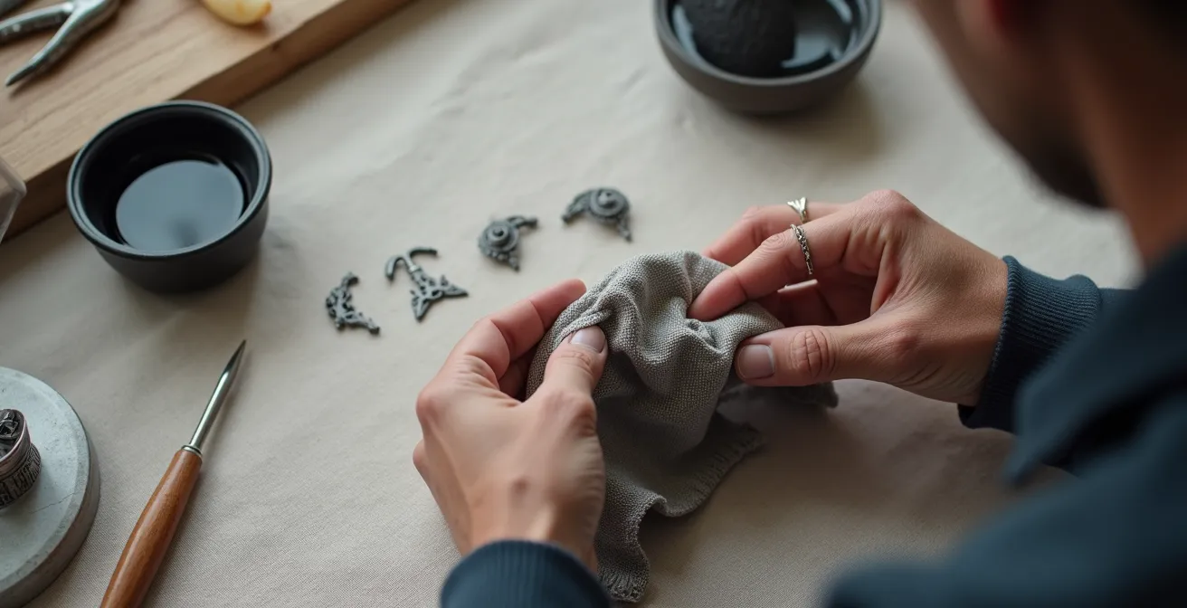 Mains polissant délicatement une gravure noircie sur un bracelet en argent avec un chiffon spécialisé