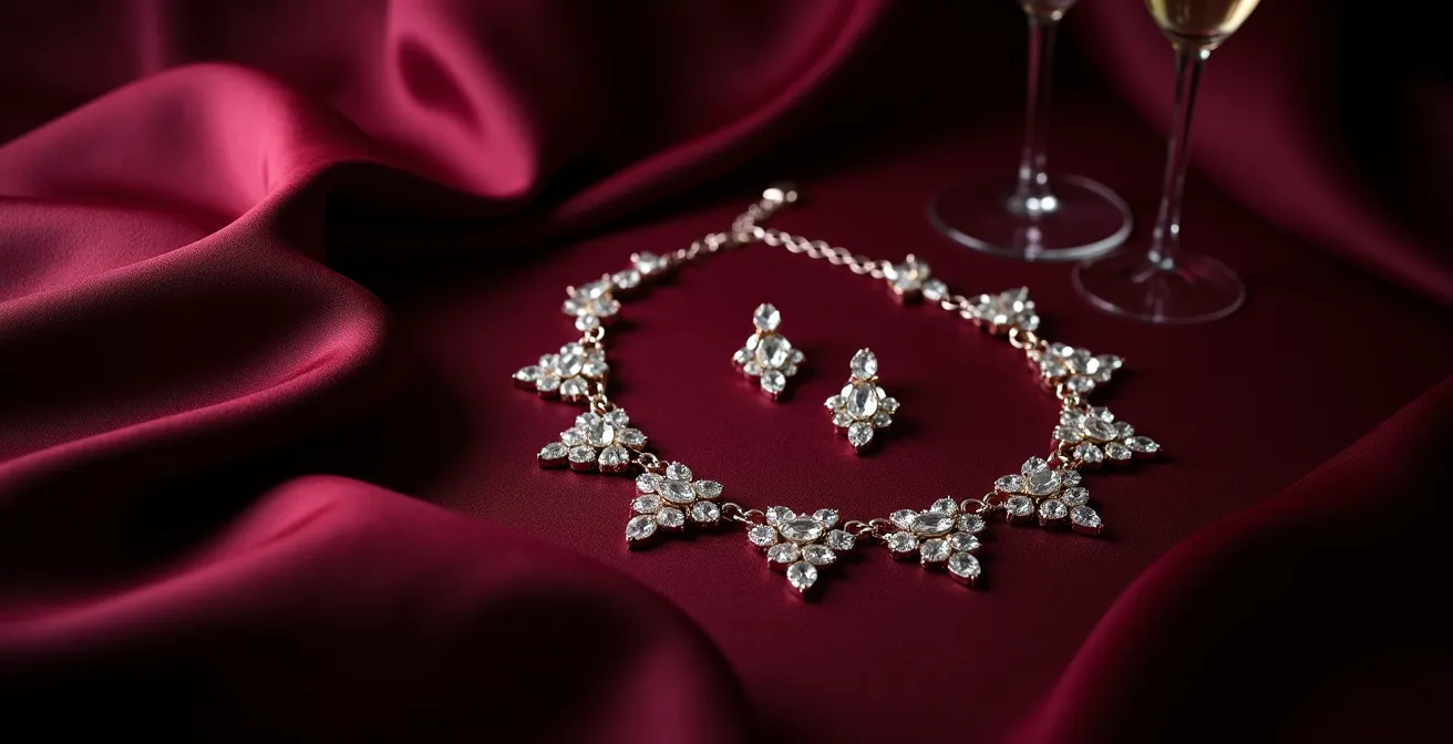 Vue d'ensemble d'une parure complète de bijoux dorés disposée artistiquement sur velours sombre pour soirée de gala