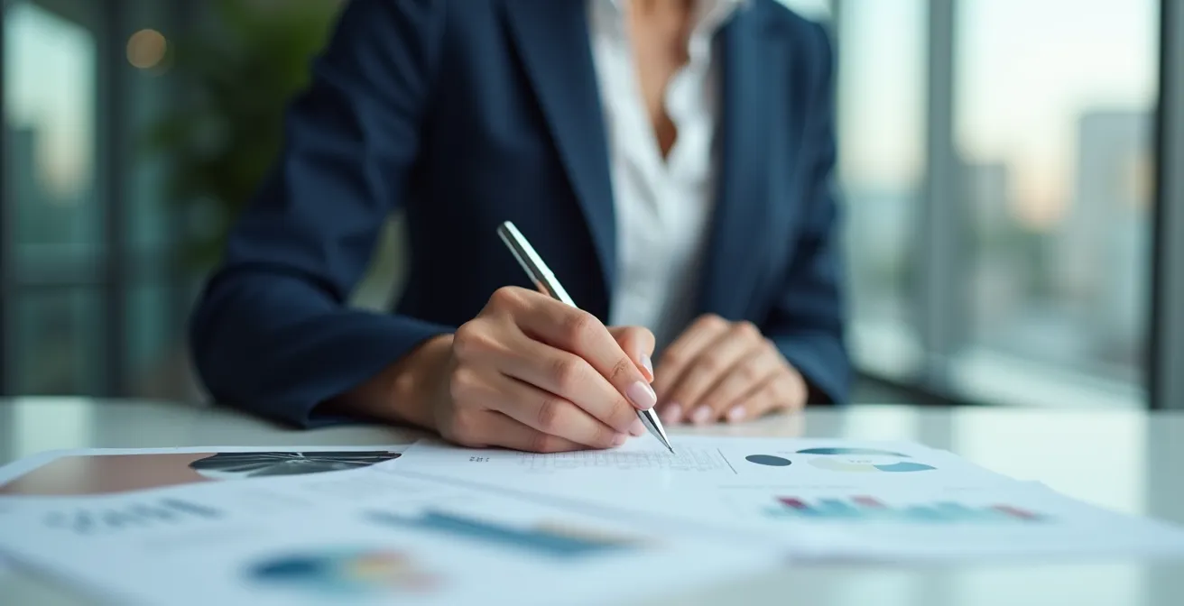 Femme d'affaires élégante avec manucure discrète dans un environnement corporate