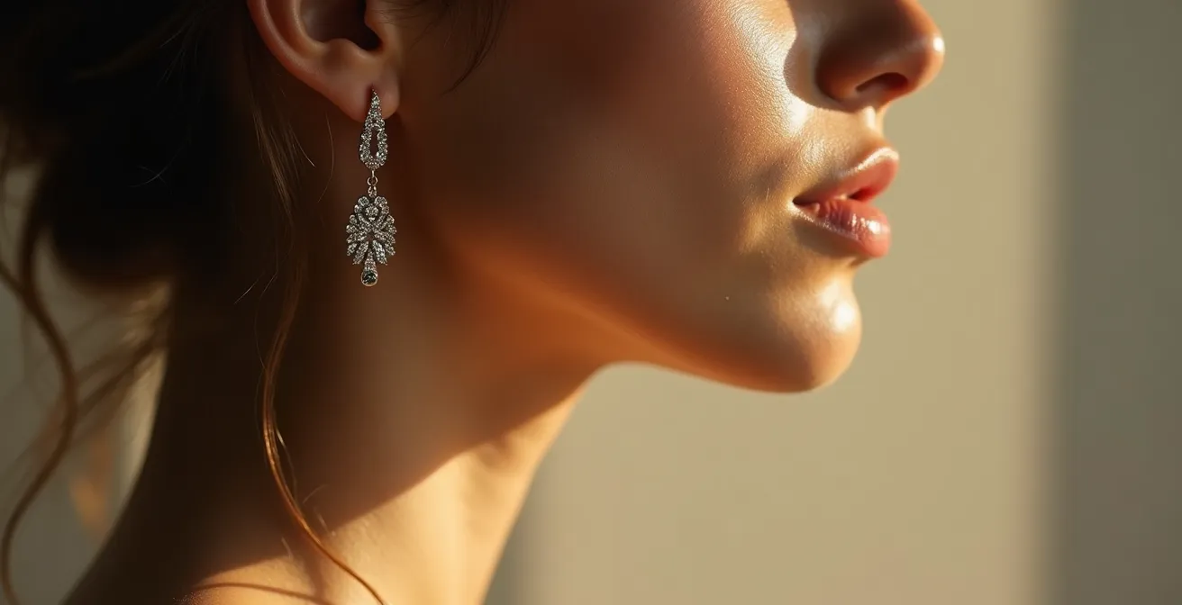 Profil d'une femme au menton légèrement levé, des boucles d'oreilles captant la lumière