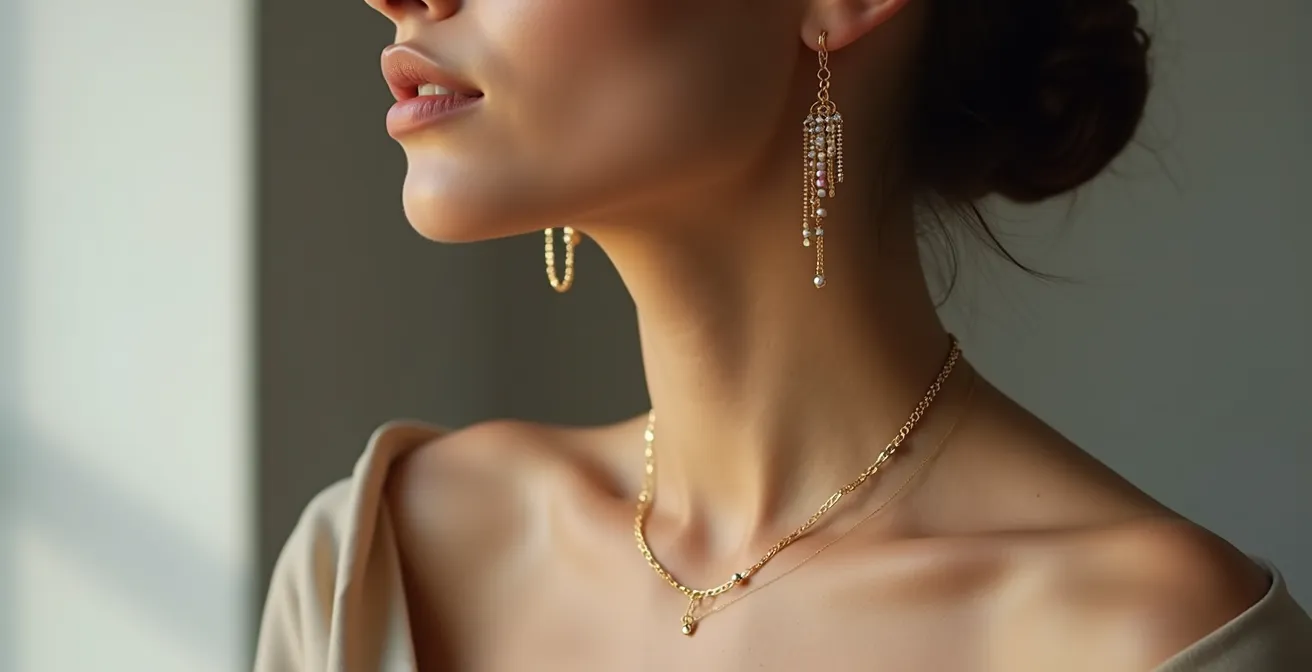 Portrait de femme portant un collier fin avec des boucles d'oreilles pendantes démontrant l'équilibre des proportions en bijouterie