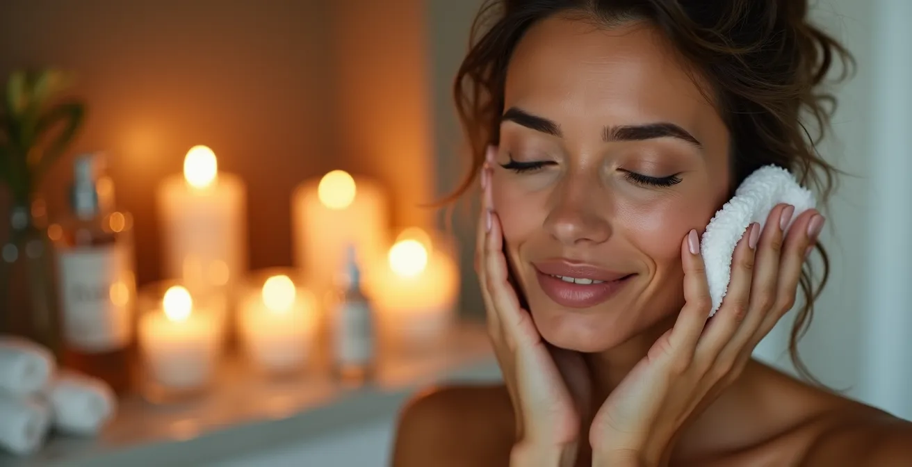 Femme effectuant son démaquillage dans une ambiance tamisée avec bougies