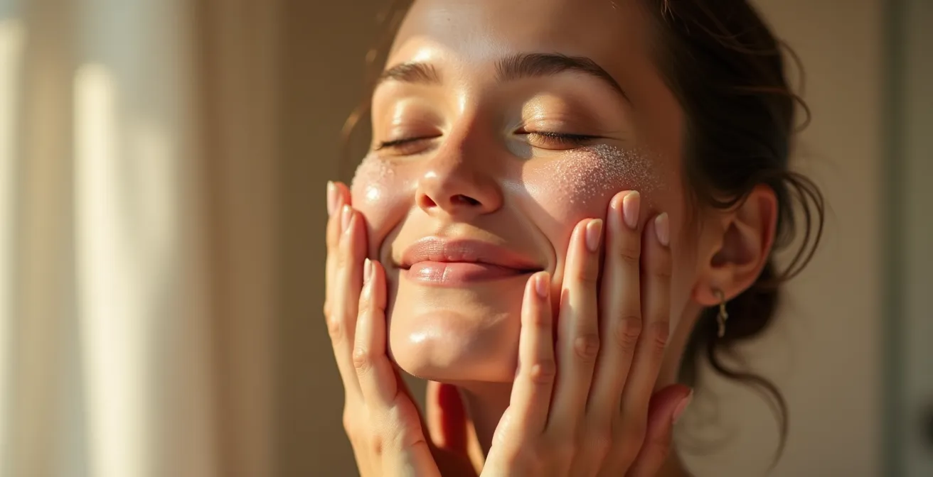 Femme appliquant des soins hydratants avec un effet de peau lumineuse et rosée