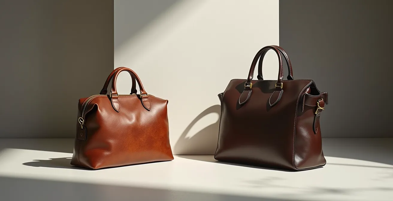 Comparaison visuelle entre un sac artisanal unique et un sac de marque