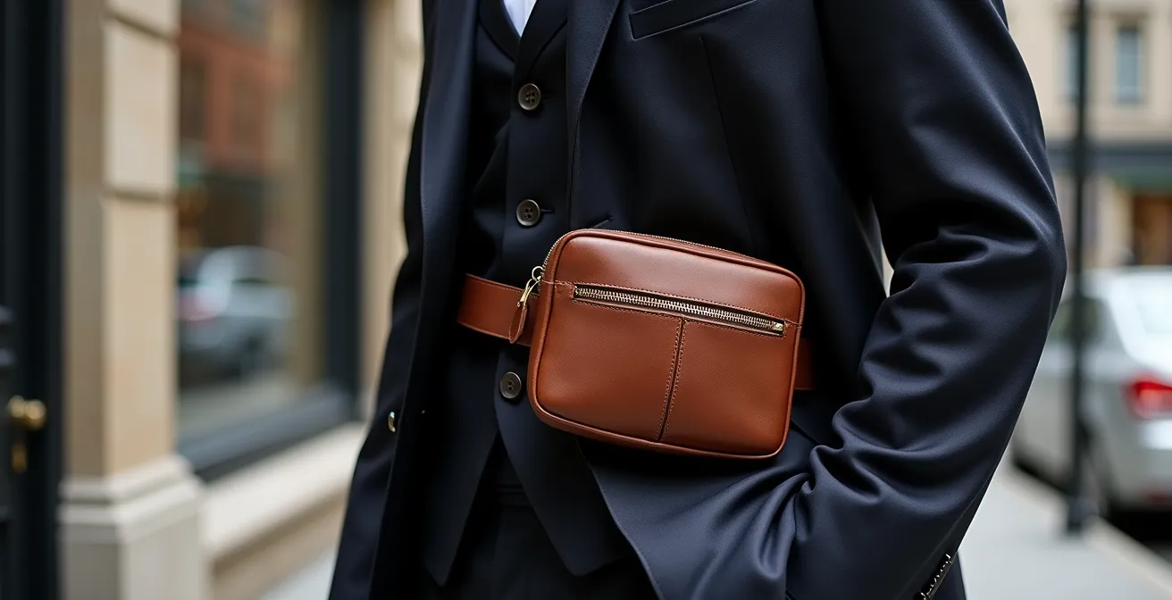 Sac banane en cuir de qualité porté élégamment sur tenue sophistiquée