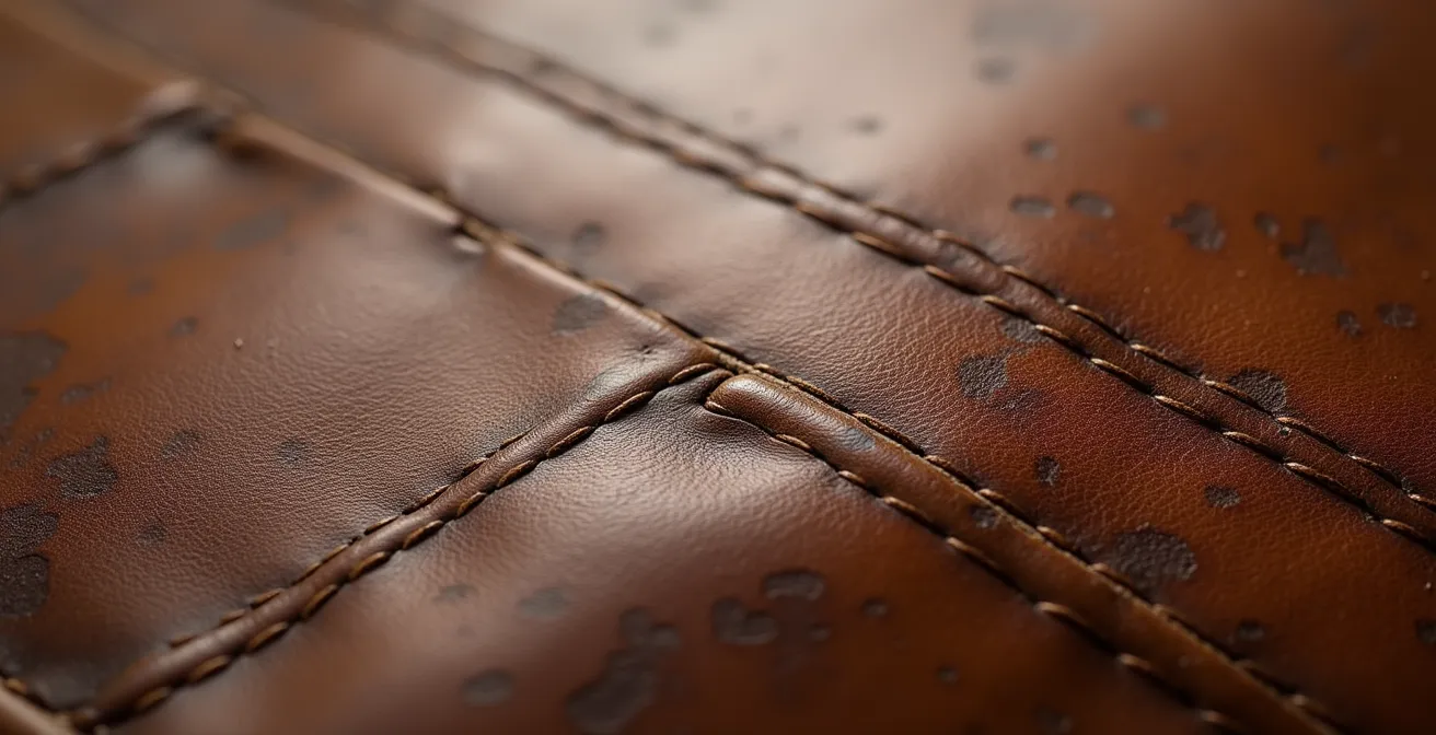 Détail macro d'un cuir patiné montrant les marques naturelles d'usage et la beauté de l'évolution du matériau
