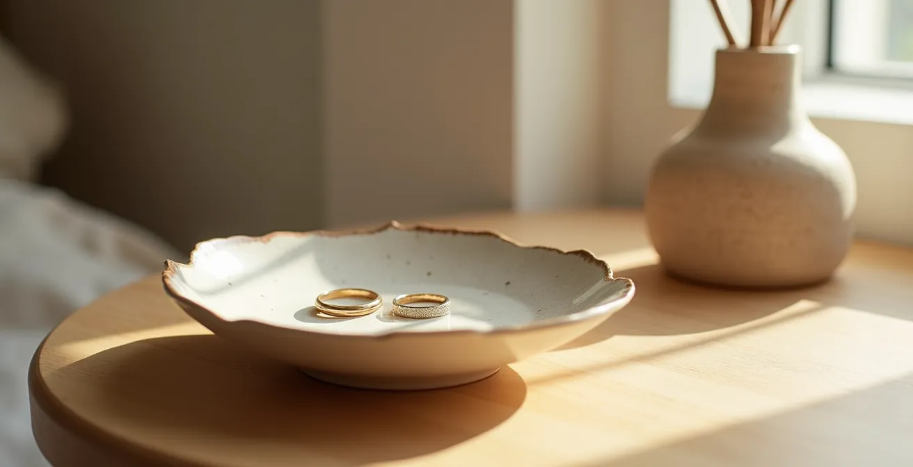 Coupelle en céramique artisanale sur table de chevet contenant délicatement des bagues précieuses