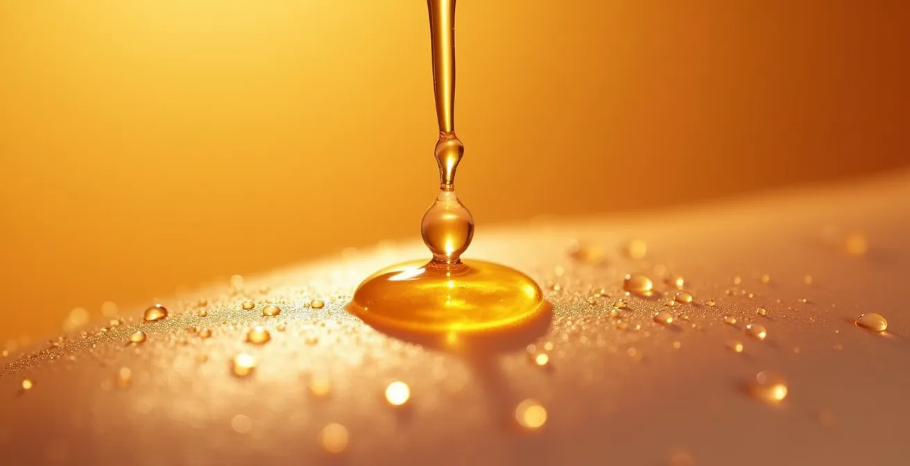 Application d'un sérum vitamine C doré sur une peau lumineuse