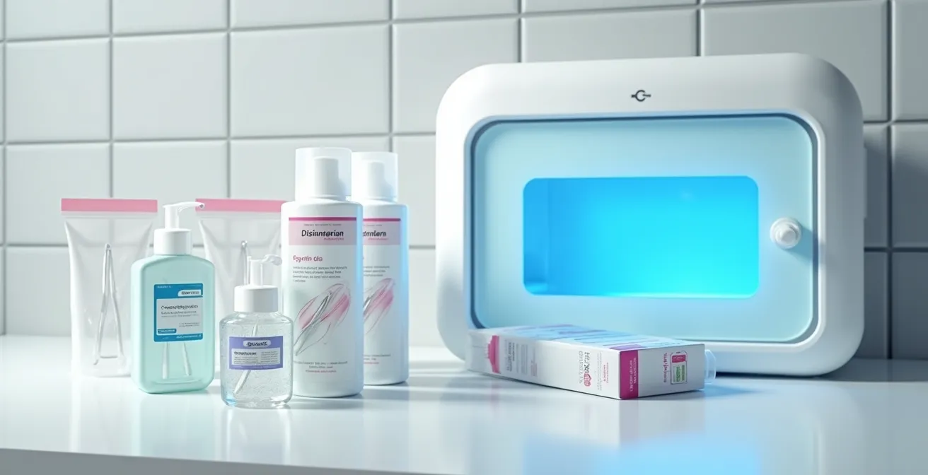 Gros plan sur autoclave professionnel et outils stérilisés dans un salon