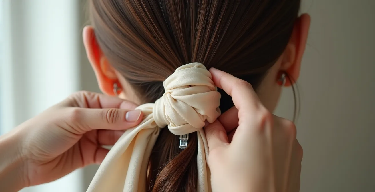 Mains expertes nouant un foulard en soie dans des cheveux châtains avec technique de pliage origami